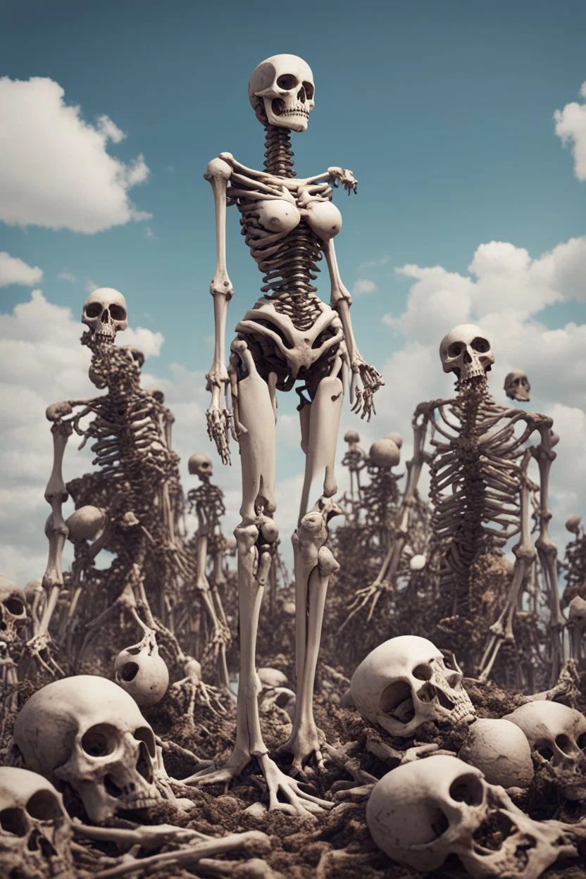 a bone yard with a tall android woman standing at the top of a pile of bones