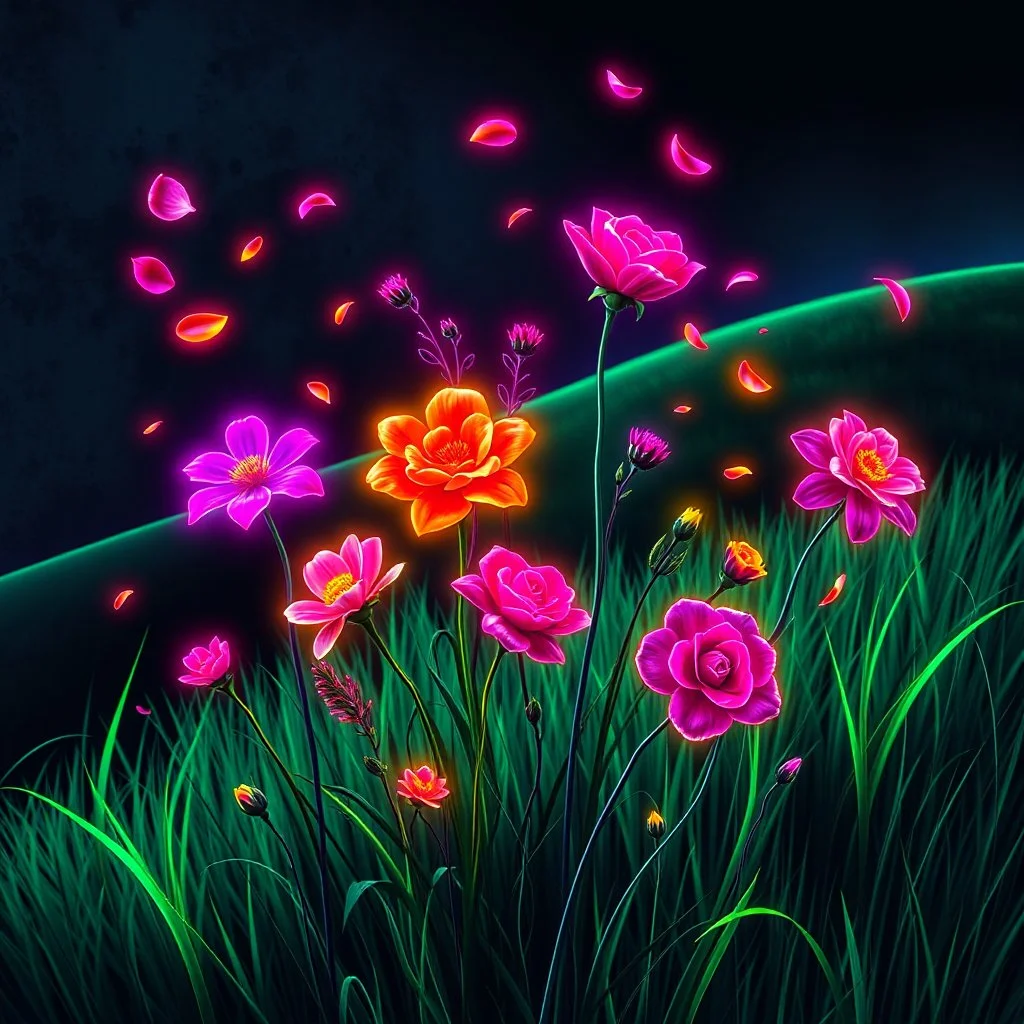 Dancing Colorful Neon Wild Flowers And Neon Roses And Petals Whirling With Neon Grass Whirling Dark Grunge Rustic Hill Background.