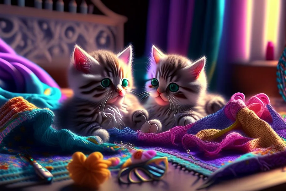 Hand sewn and embroidered extremely cute kittens, threads, sewing needles and a pair of scissors on a table on lace blanket in a luxury bedroom, centre, bold colours elegant fantasy 8k beautiful dynamic lighting award winning imperial colors hyperrealistic ultra detailed 4K 3D high definition crisp quality colourful hdr in sunshine