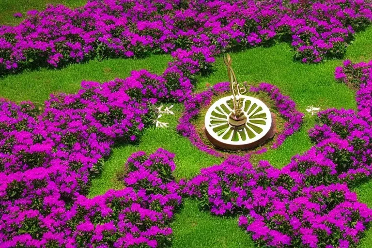 Sundial in the middle of a flower garden