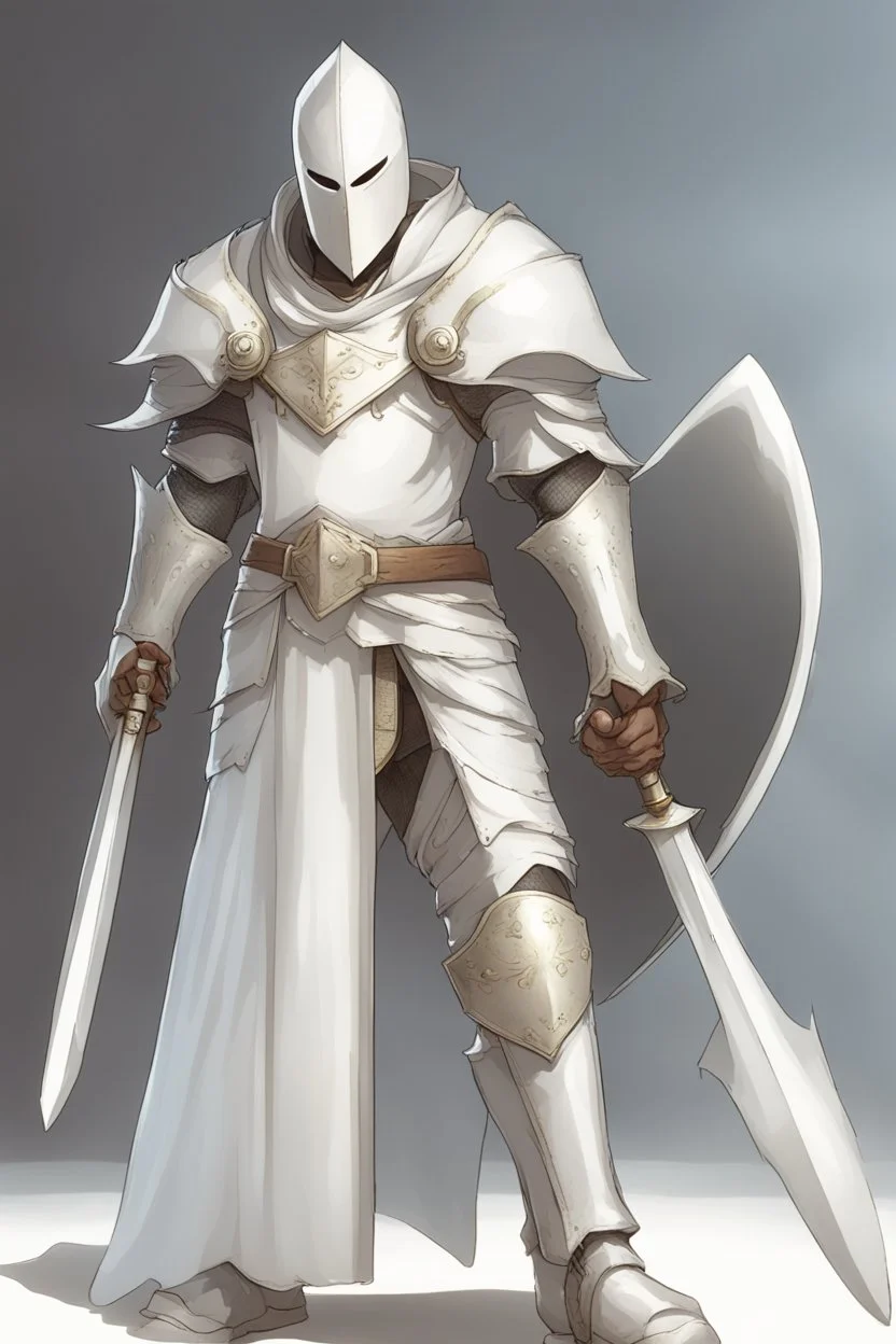 Knight wearing white armor and white cape with white face mask, holding a greatsword