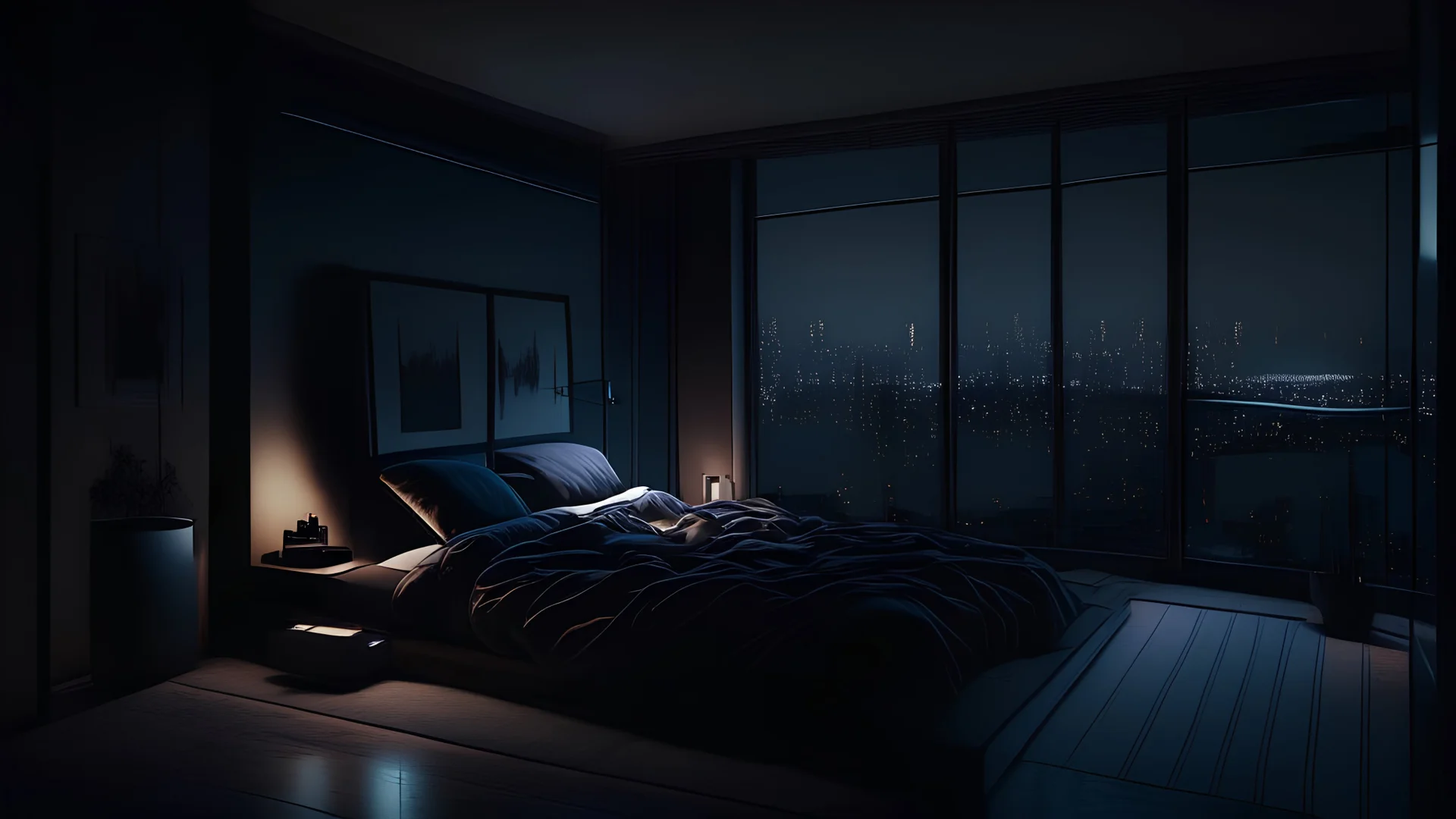 penthouse bedroom at night, dark gloomy, A room with a view of the city from the bed, generative ai By Annulus Studio