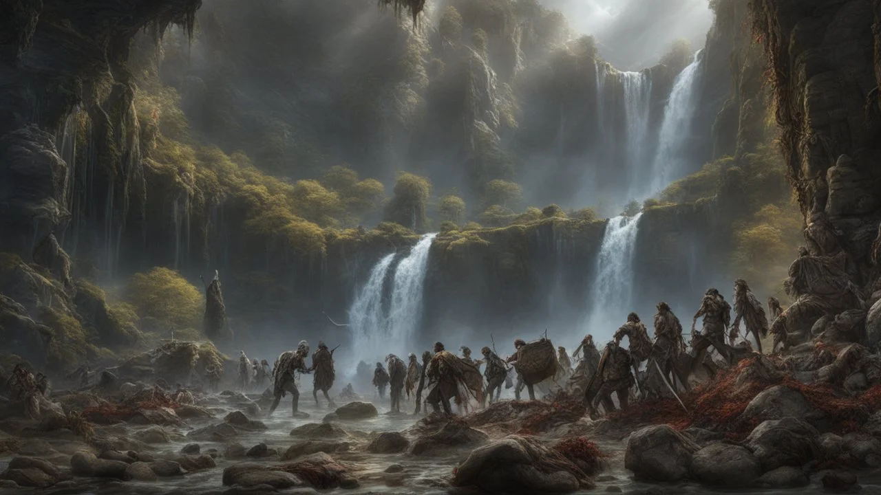 a pile of rotting zombies at the foot of a 3.000 feet high waterfall. fantasy setting, horror. exquisite realism, a masterpiece, fantasy concept art, dynamic lighting, hyperdetailed, intricately detailed, deep color, Unreal Engine, volumetric lighting, Epic cinematic brilliant stunning intricate meticulously detailed dramatic atmospheric maximalist digital matte painting