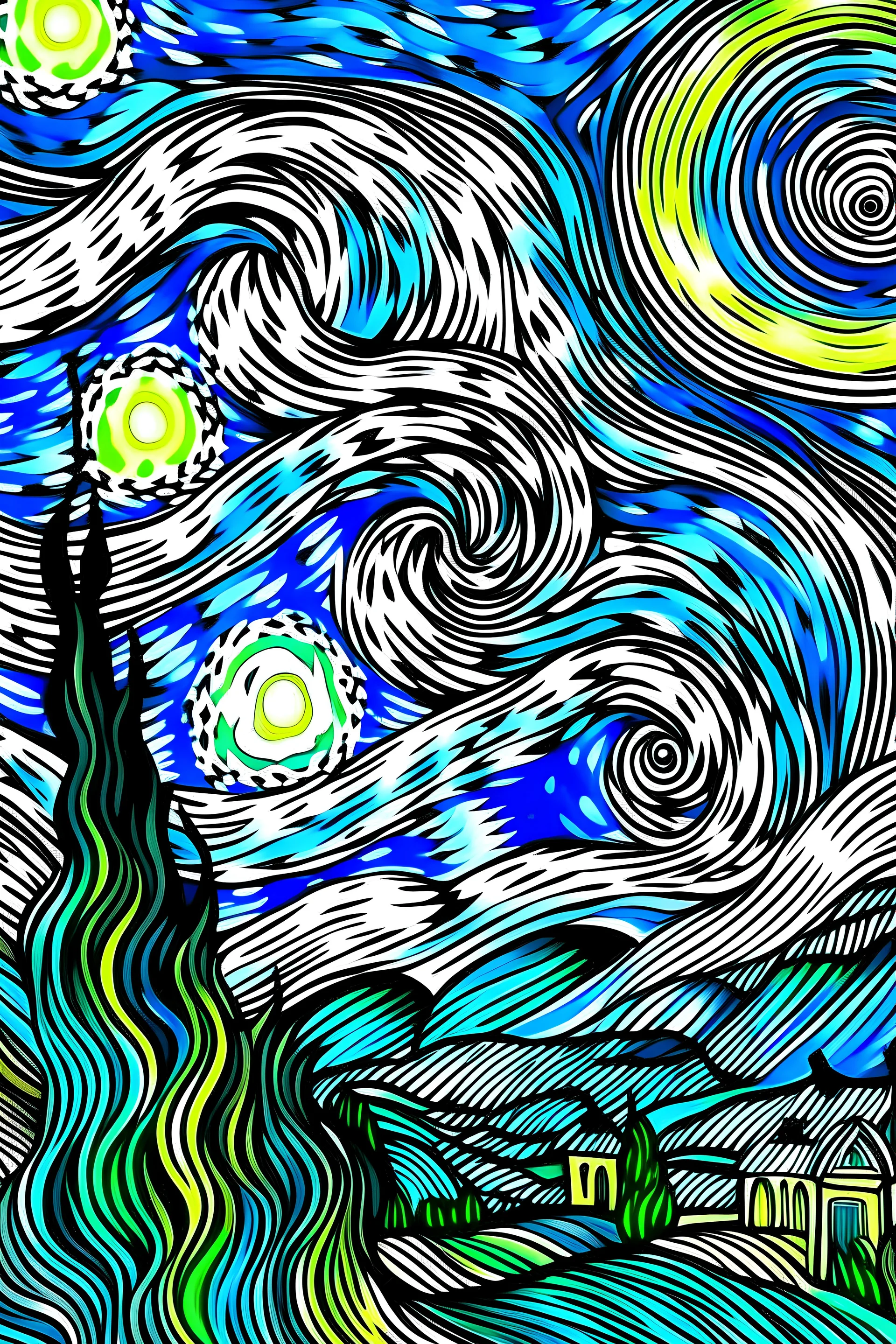 coloring book about "Starry Night": Depicts the iconic starry sky from Van Gogh's famous painting.