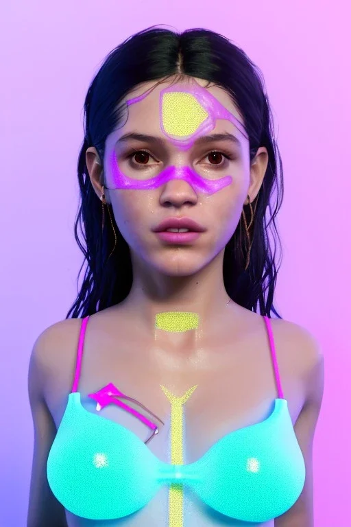 Ultra Realistic image, Rosalía artist, natural body ,portrait, normal complexion, portrait, clean skin, two bows, little chopsticks hair , black eye long line, sweet face, t-shirt with holes, inflatable open coat, gold pink and blue style, spray line glow, big geometric led jewelry, fog, hot, inflatable style latex coat, vibrant color, highly detailed, art stations, concept art, smooth, unreal engine 5, god rays, ray tracing, RTX, lumen lighting, ultra detail, volumetric lighting, 3d.