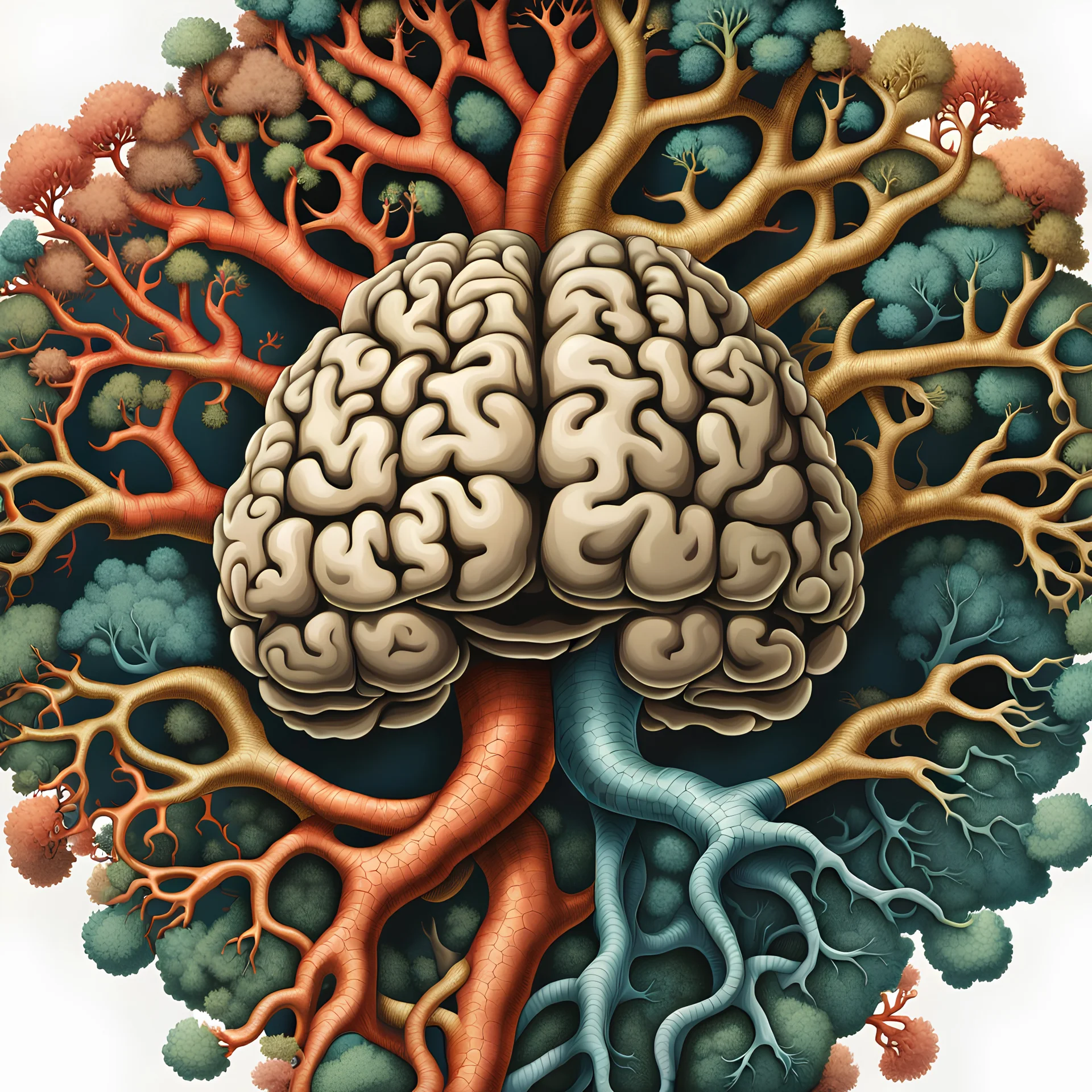 Ultra detailed of a brain, anatomical correct, detailed with coral, medical, scientific illustration, 16th century, michael angelo, ultra realistic, dendritic, artstation: award-winning: professional portrait: atmospheric: commanding: fantastical: clarity: 16k: ultra quality: striking: brilliance: stunning colors: masterfully crafted.