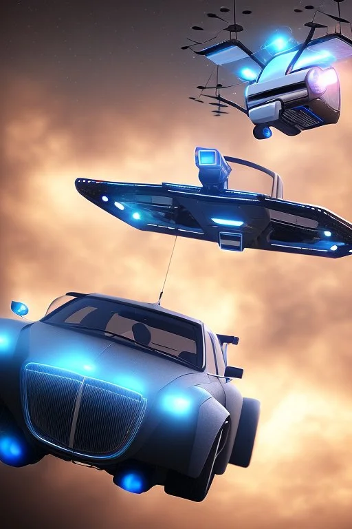 A flying car being drived by a robot between buildings in future city.