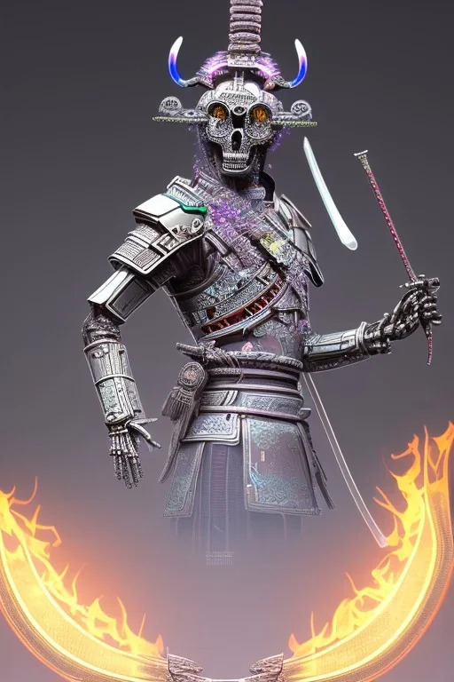 Futuristic Neon crystal skeleton samurai smoke glass fire water