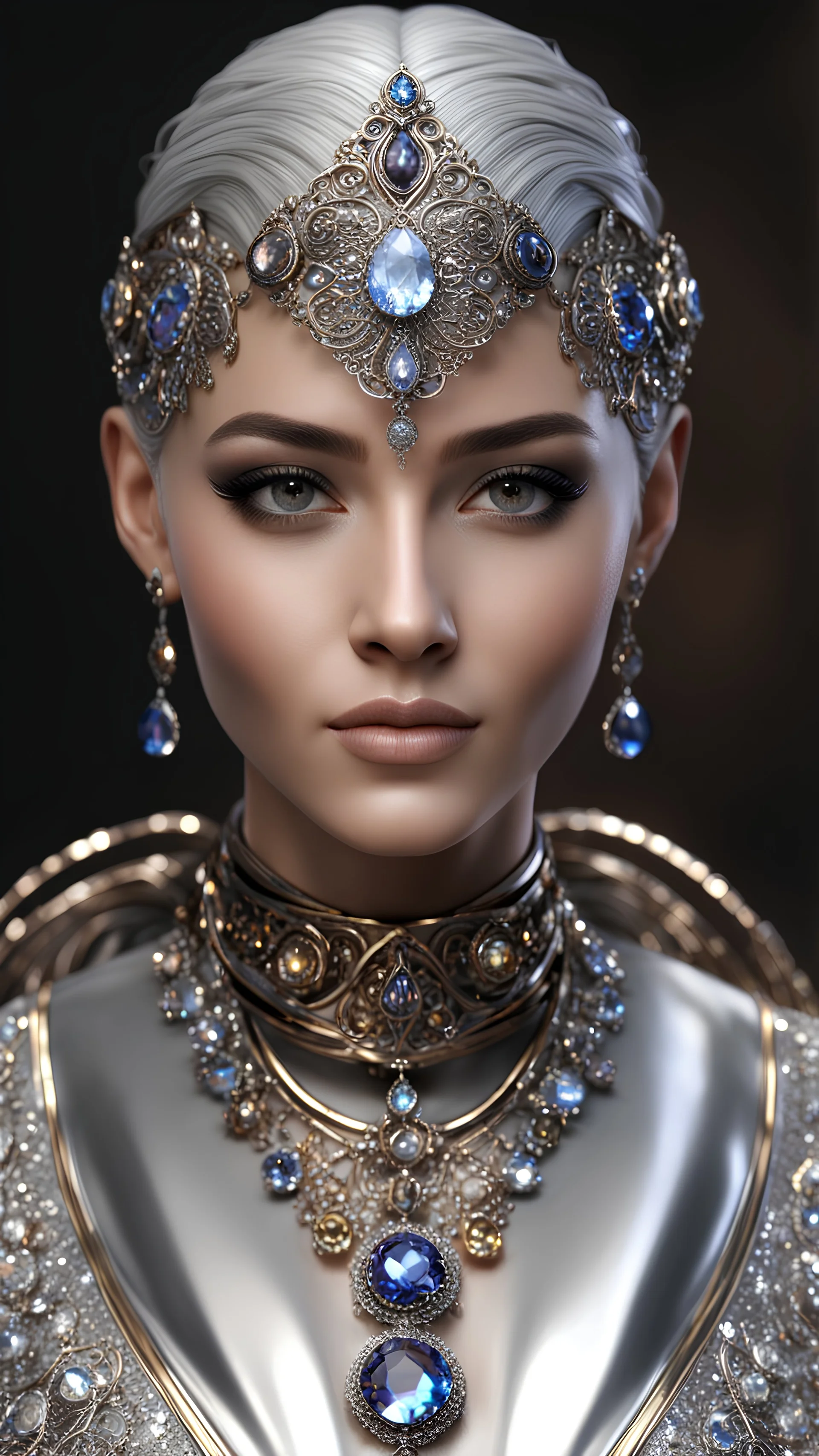 AI 3d photo realistic portrait of young woman, smiling, beautiful, shiny grey eyes, make up, Byzantine style, shiny baubles, ornate, large gemstones, shiny molten metalics, shiny wire filigree, silver hair, high definition, high res, octane render, 64k, 3d