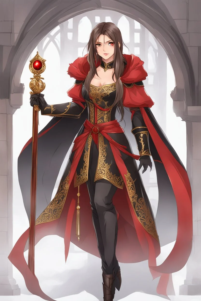 medieval concubine, long brown hair, red eyes, red and black attire