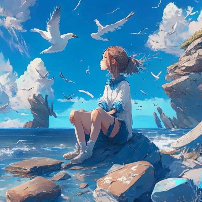 A girl is sitting on the edge of the rocks by the seashore and is meditating. The sky is blue with beautiful clouds and seagulls flying, digital art, anime, 4k, full details