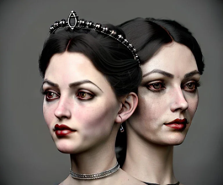 1800s, witchy, pale, strong jawline, victorian, portrait, choker, black curly hair, thick eyebrows, full lips, big eyes, feminine nose, victorian dress, beautiful, silver tiara, hair headdress, metal beads