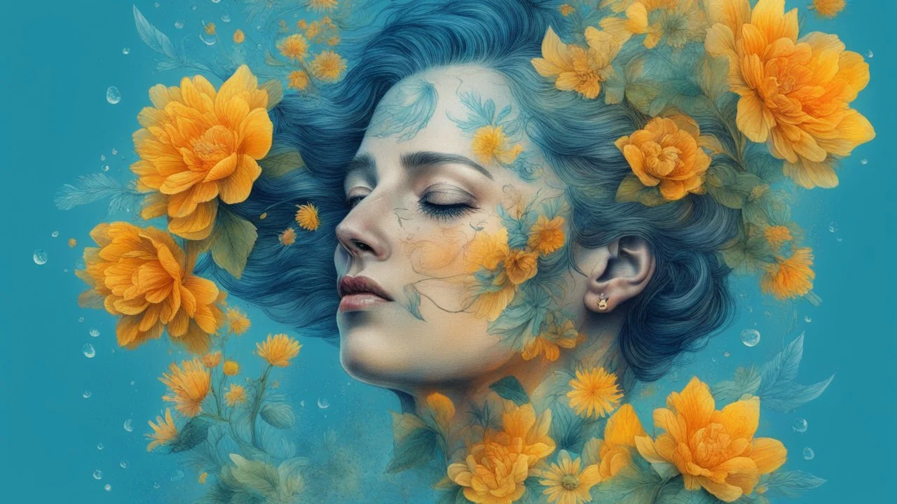 blue background, 18th century, double exposure, portrait Woman 43 years old, wind, flowers, tears, plants, yellow, blue, green, orange colors, bright, drops, detailed, fine drawing, high detail, high resolution, 8K, tattoo, city, double exposure,