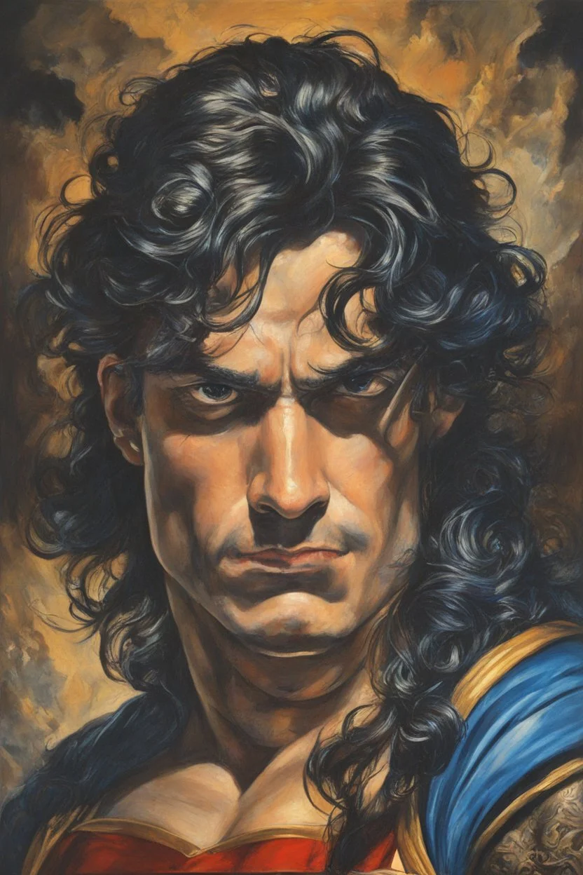 Oil on canvas, chiaroscuro, deep shadows, fairytale, 16th century masterpiece, rich deep colors, highly detailed portrait Superman, long black hair, blue eyes, slight smile, Boris Vallejo, Frank Frazetta, Julie bell, Caravaggio, Rembrandt, Michelangelo, Picasso, Gilbert Stuart, Gerald Brom, Jim Lee, Alex Ross, Dorian Vallejo, Stan Lee Lunar Display, northern lights, glowing, beautiful, Boris Vallejo, Frank Frazetta, Julie bell, Caravaggio, Rembrandt, Michelangelo, Picasso, Gilbert Stuart, Gerald