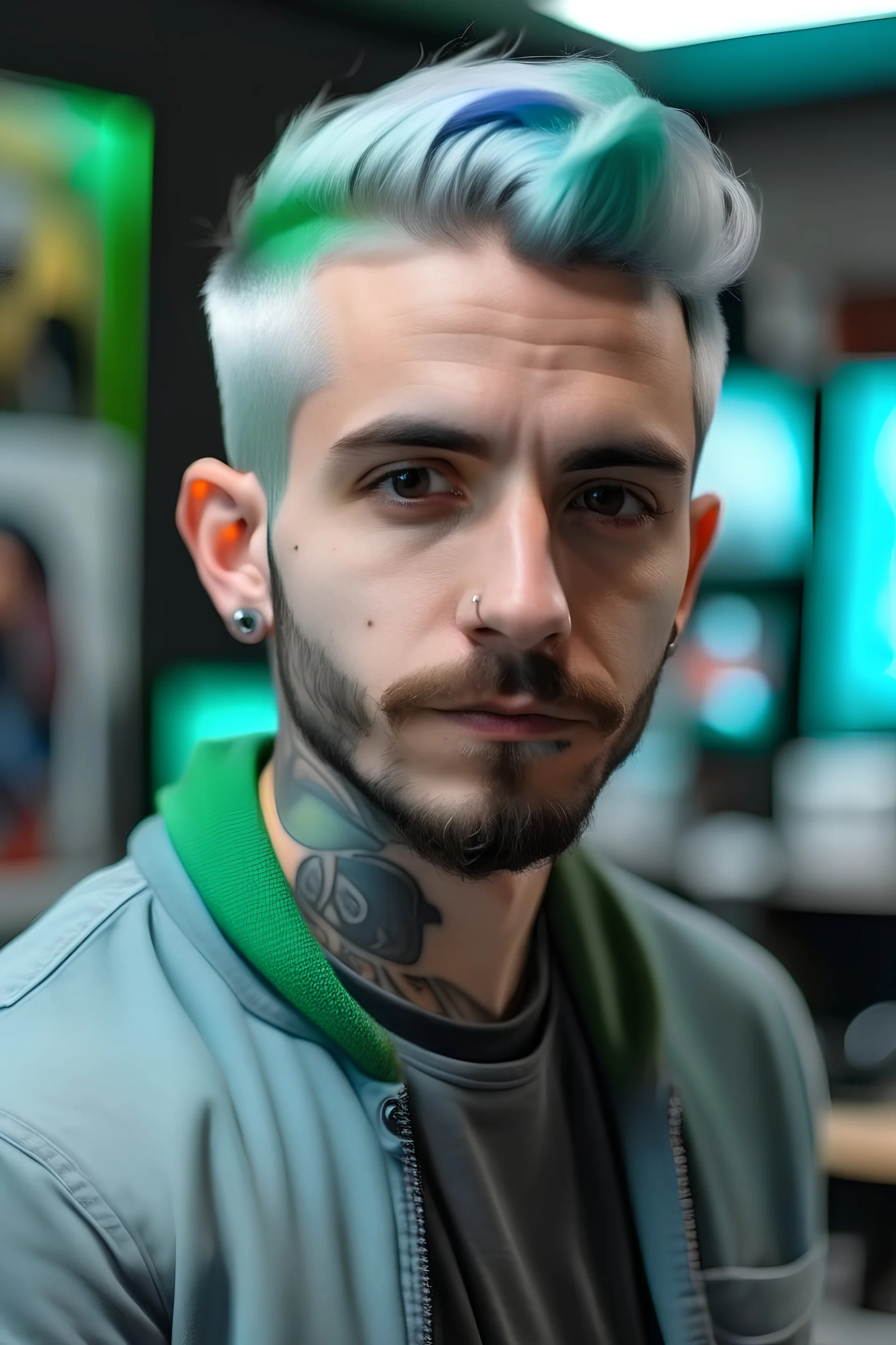 Primer plano de un peluquero con maquina en mano, de 26 años blanco de cabello gris, sin barba ni bigotes en una peluqueria, con tatuajes urbanos, colores paleta de colores fria, con un cartel que diga Franco´s