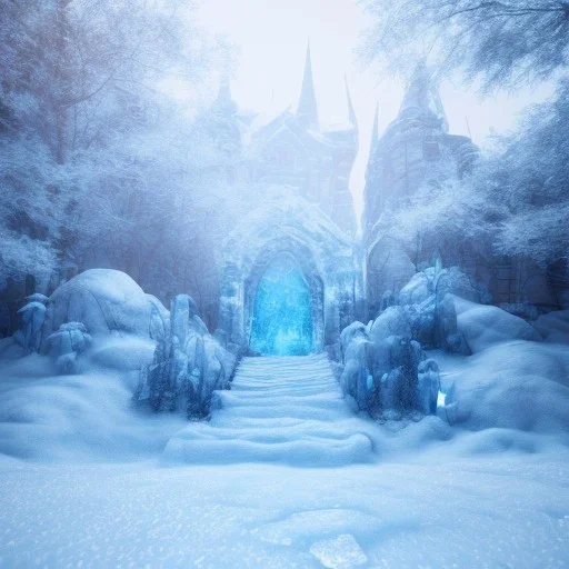 ethereal winter flowers, carved ice door at the end of ice steps, magical atmosphere, Beardsley, Unreal render, cinematic blue