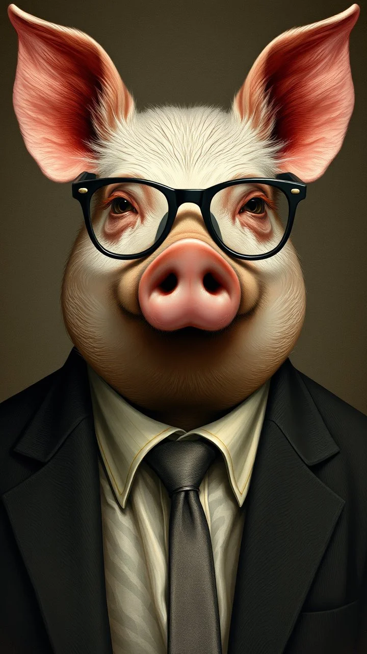 Hieronymus Bosch style , a pig with eyeglasses head in a body of a man wearing a business suit