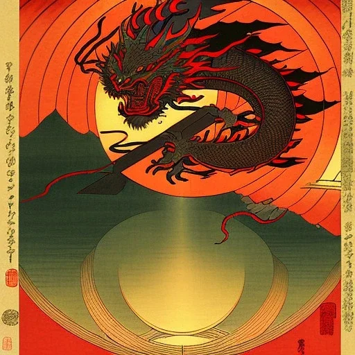 Ukiyo-e painting of a red dragon flying around a sun