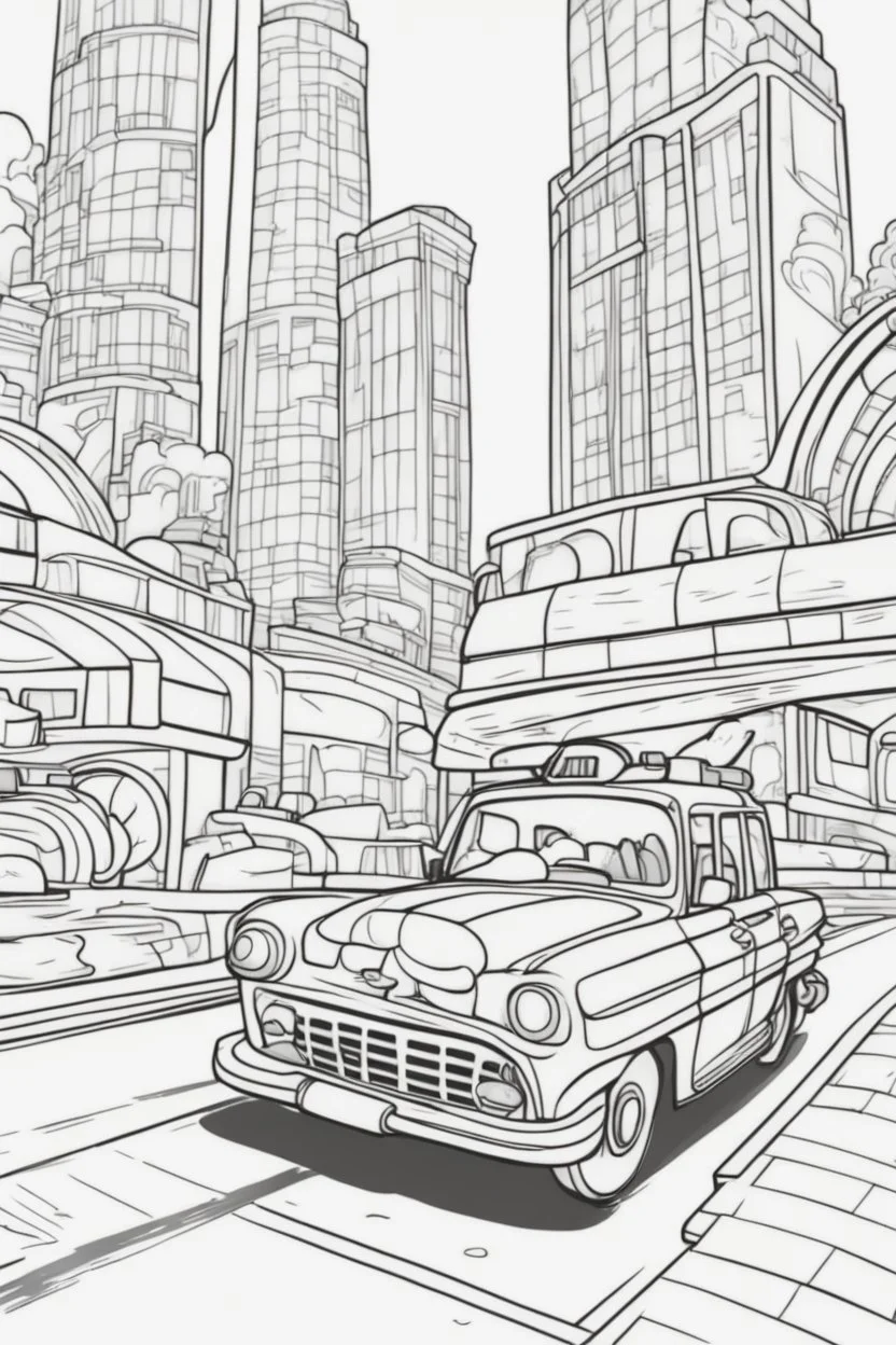 transport coloring page for kids, TAXI cartoon style, thick outline, low details, no shading, no color