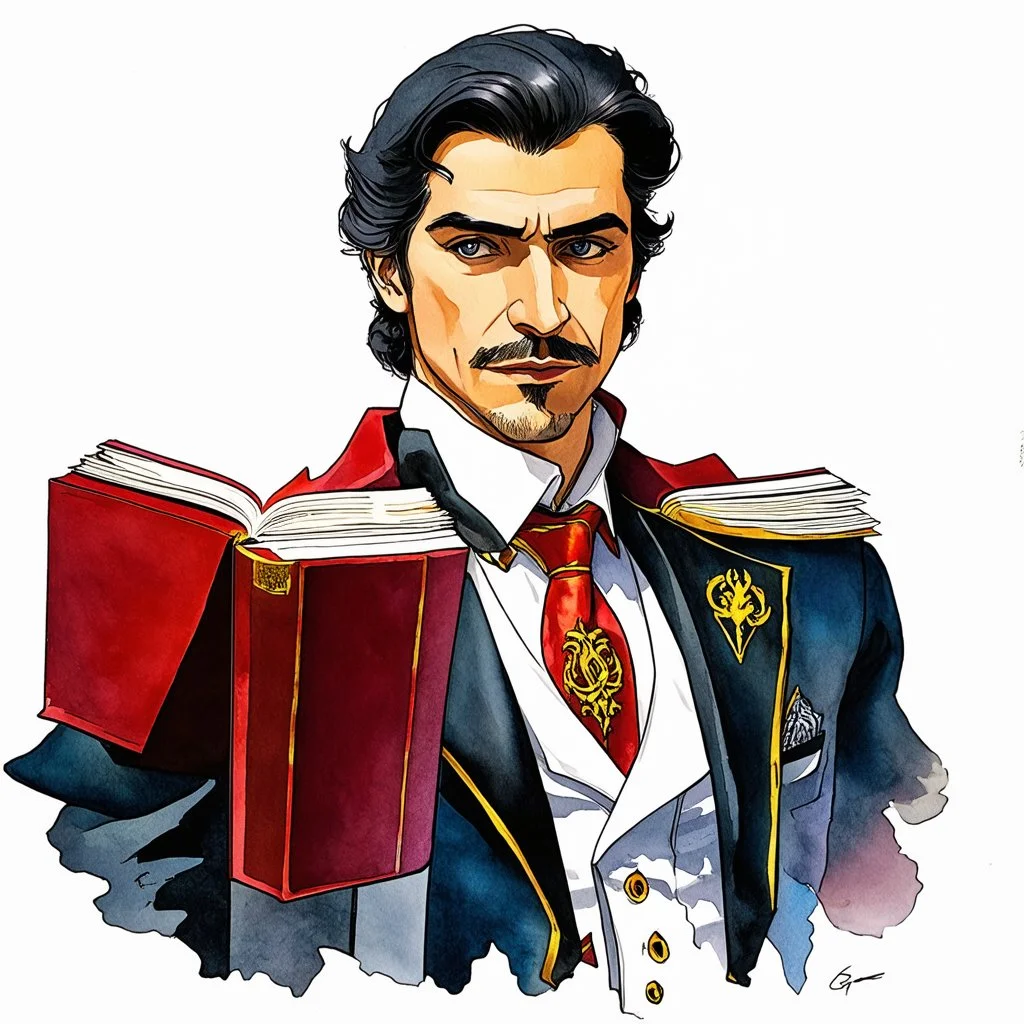 Dnd, fantasy, portrait, watercolour, book illustration, noble, suave, flashy, brimming with energy, fancy suit, very slim