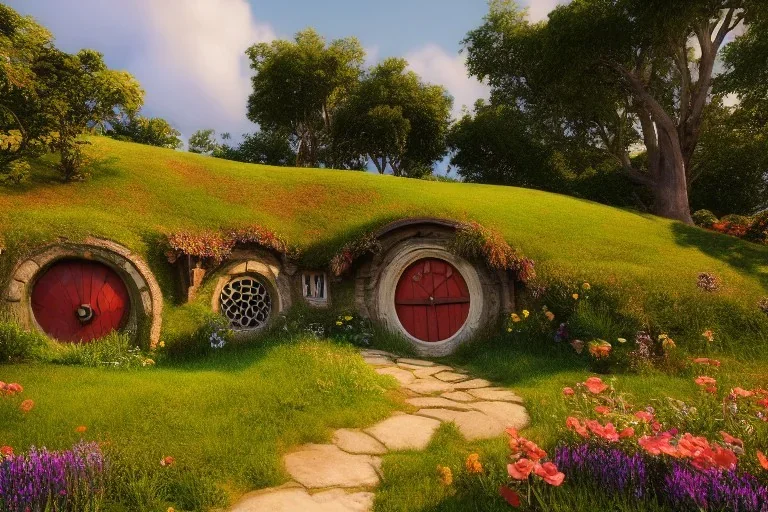 The town of Hobbiton in the Summer, the shire, beautiful scenic landscape, lord of the rings, wide angle, super highly detailed, oil painting, artstation, concept art, smooth, sharp focus, no blur, no dof, extreme illustration, unreal engine 5, photorealism, hd quality, 8 k resolution, cinema 4 d, 3 d, beautiful, cinematic, art by artgerm and greg rutkowski and alphonse mucha