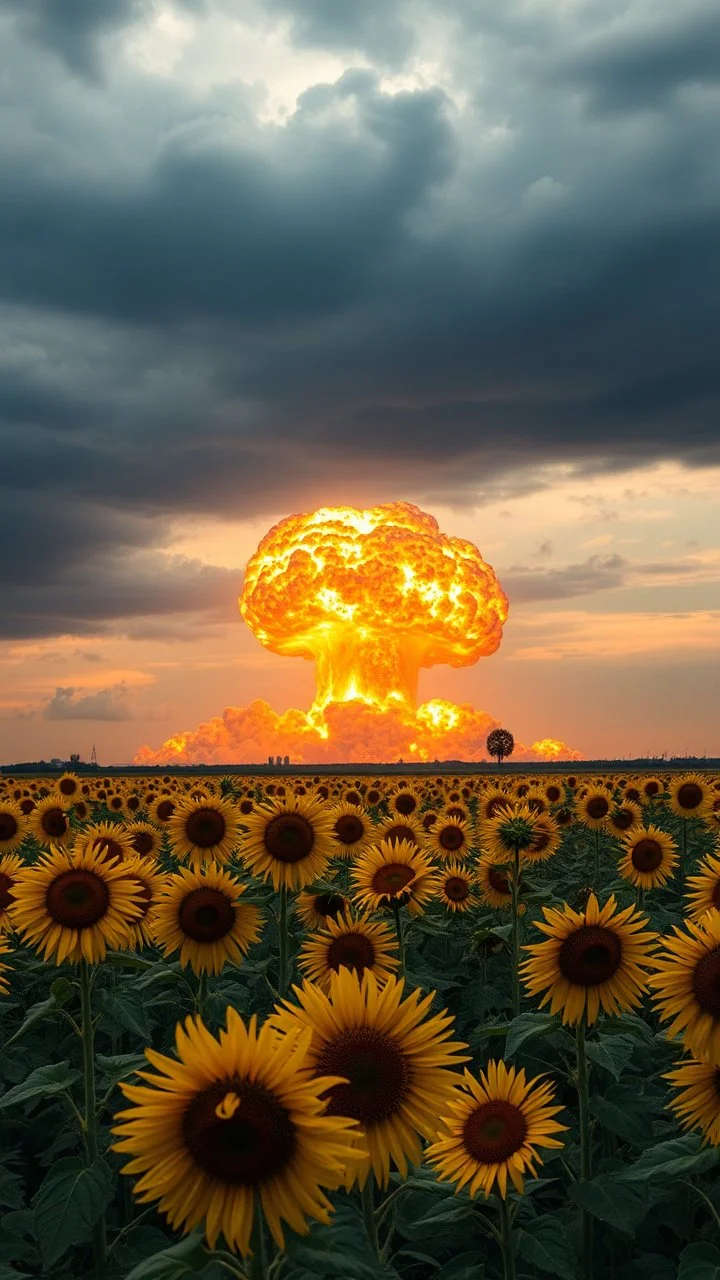 A field of sunflowers at the end of the picture in the background a huge nuke explosion with dark sky
