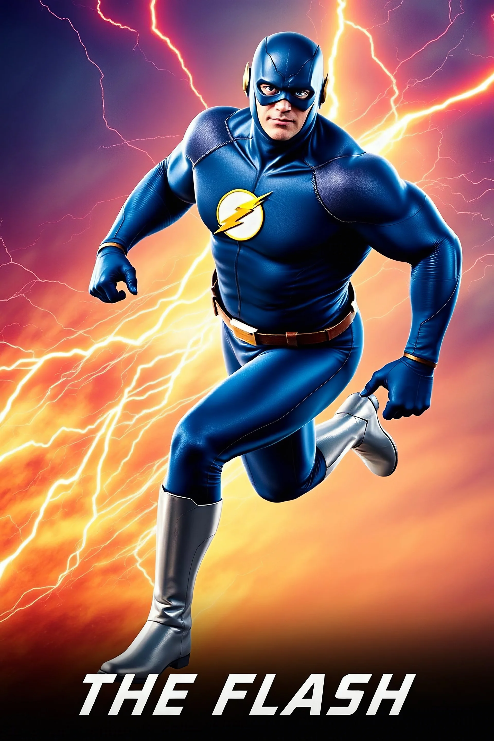1/4 side view, looking at the viewer, Movie Poster - "THE FLASH" - A massive, thick, extremely muscular, 7'8" tall man, ((skintight, formfitting, long-sleeved, Blue spandex bodysuit:1.5)), ((Silver knee-high boots:1.5)), ((Silve wrist gauntlets, blue fingerless gloves, silver, double holstered utility belt:1.5)), ((skintight, formfitting, blue spandex helmet with blue eye disguise,:1.5)), Running, multicolored lightning emanating from his body, an overly exaggerated muscular stature