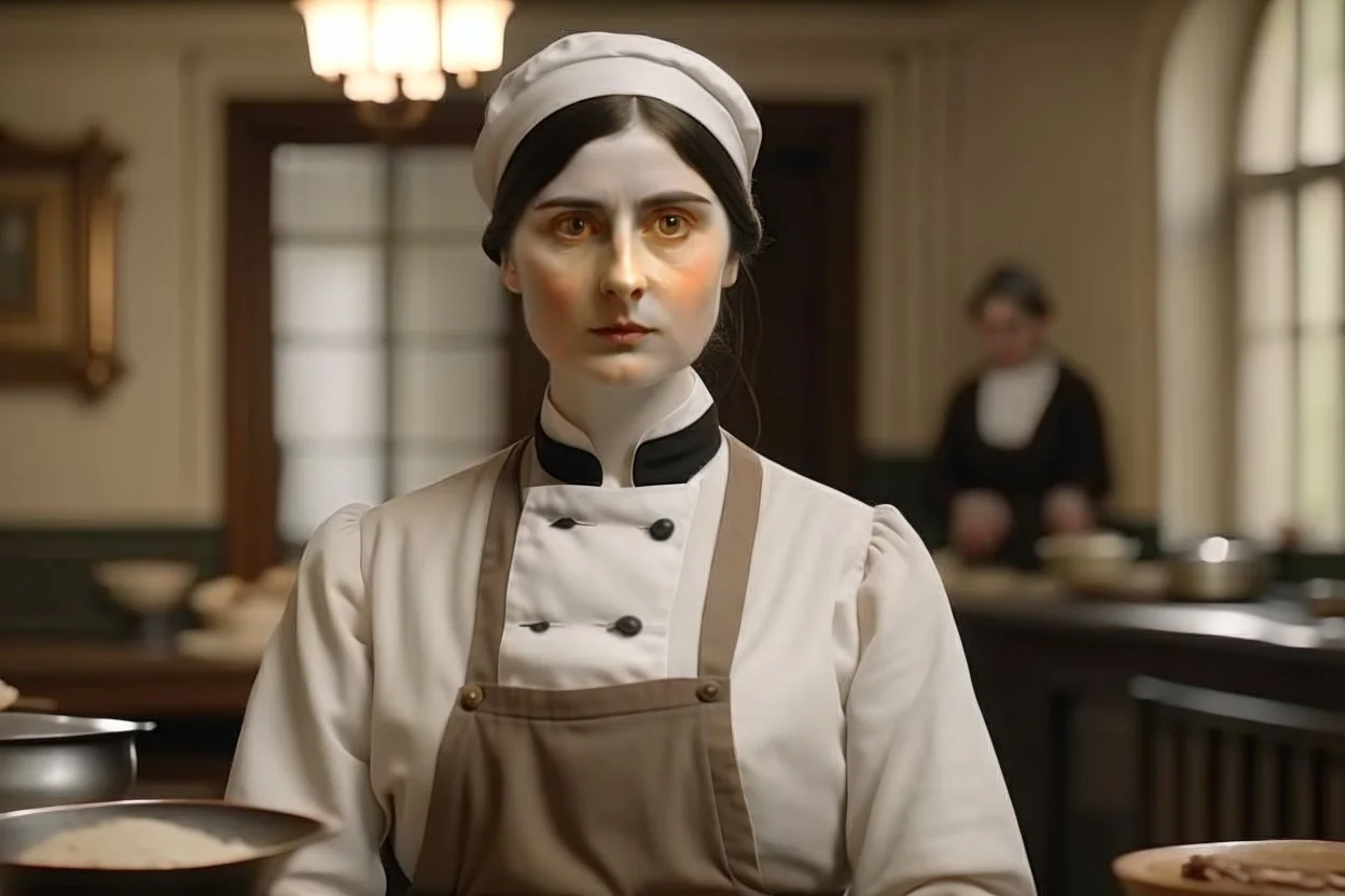 ww1 woman cook talking close-up standing up looking to the camera, ww1 mansion kitchen background