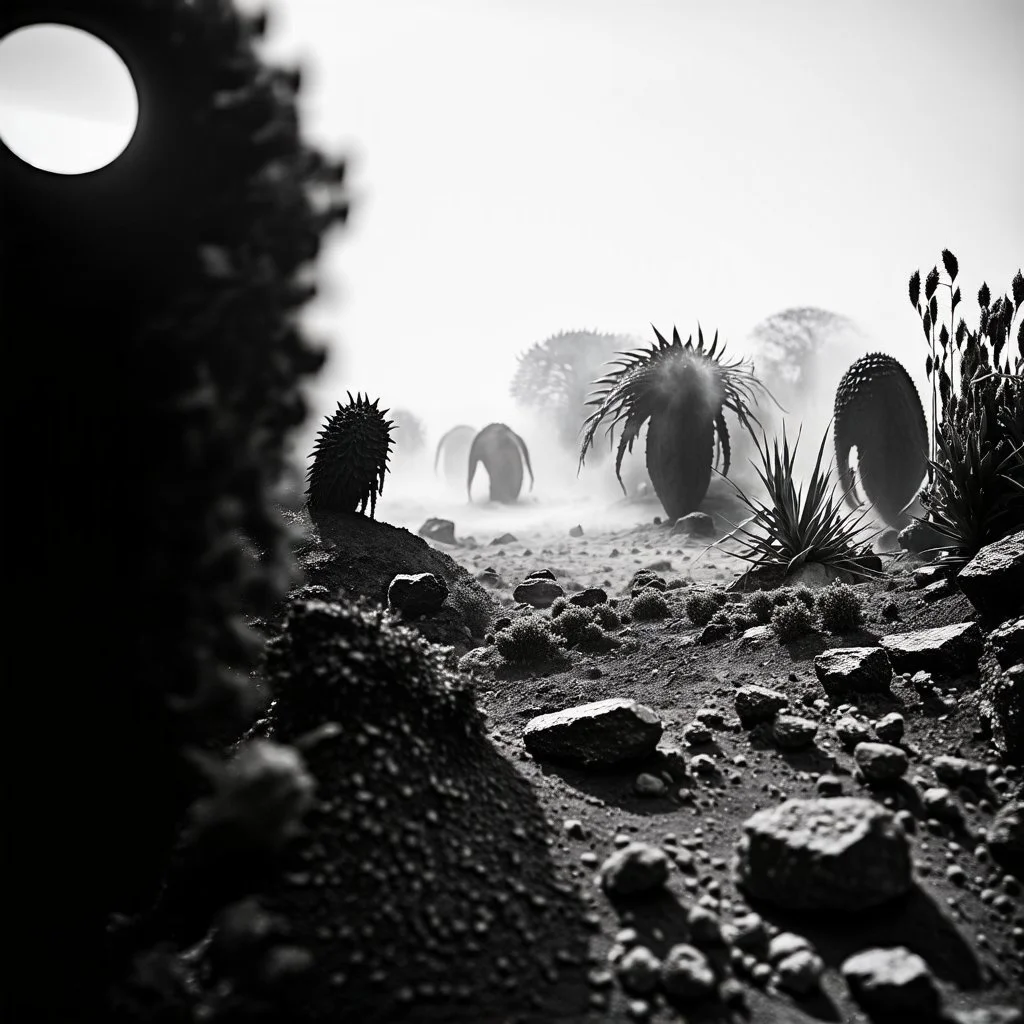 A striking quality Kodak photograph captures a wasteland with monsters and group of plants, creepy, details of the dust very accentuated, glossy organic mass, adorned with minerals and rocks. Bathed in intense light, eerie, Max Ernst style, black sun, fog