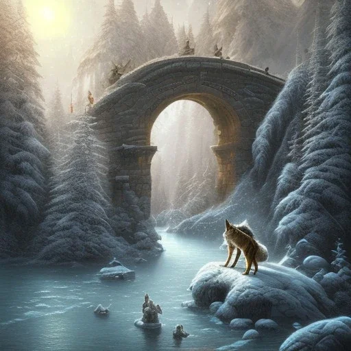 fantasy art of guru and wolf walking on very tight bridge over icy water