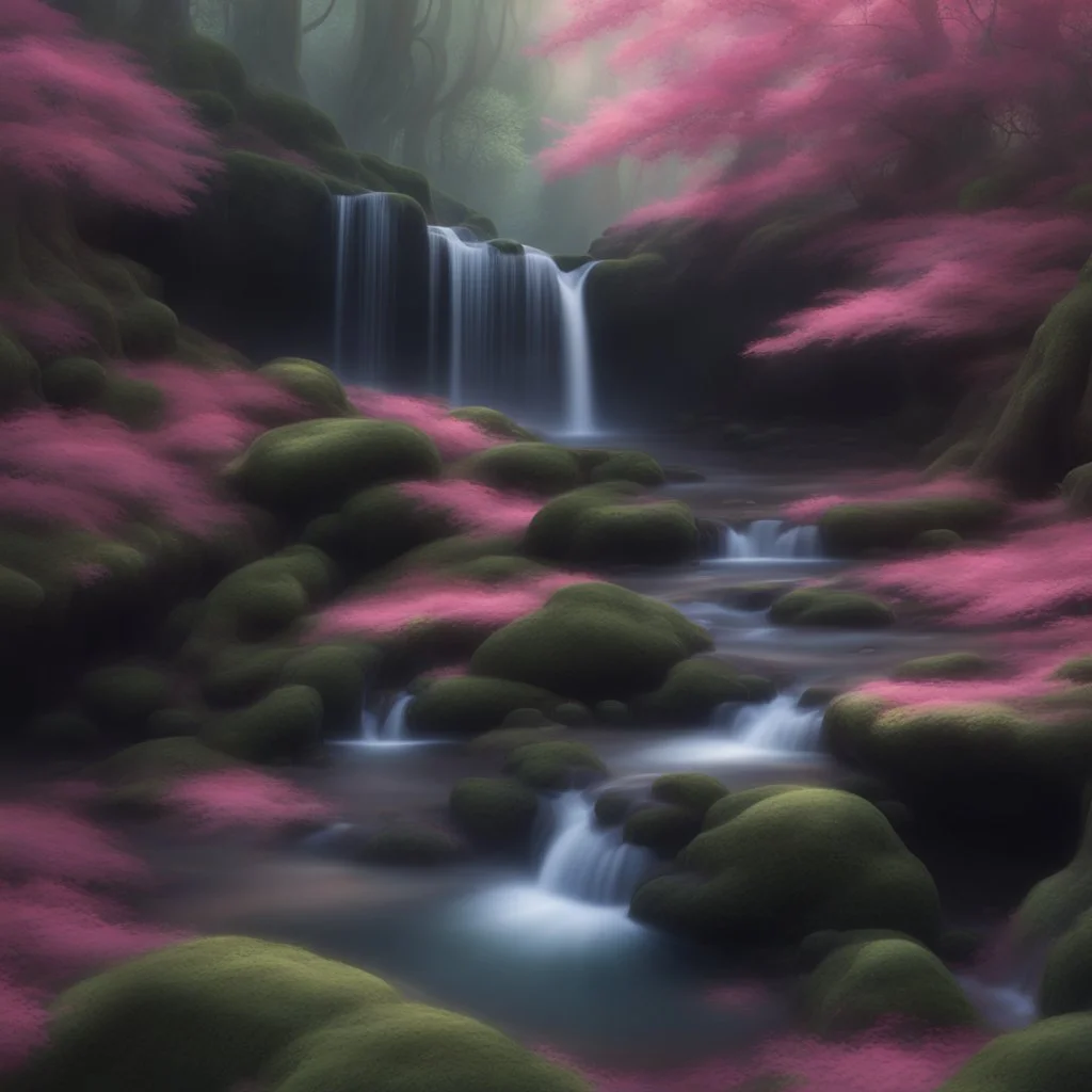 Generate a dreamy forest scene with ancient, moss-covered trees and soft, dappled sunlight filtering through the leaves. Include a hidden waterfall cascading into a crystal-clear pool."pool."nightlife."clouds."overhead."and pink."