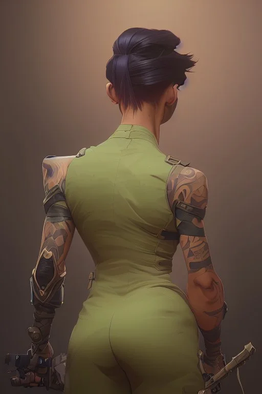 photorealistic back of a soldier, hyperdetailed painting, luminism, Bar lighting, complex, od green miltary, 4k resolution concept art, Artgerm, WLOP, Alphonse Mucha, 3d render, octane render, intricately detailed, cinematic, awesome full color, hand drawn, dark, gritty, cinematic, buckeye burl