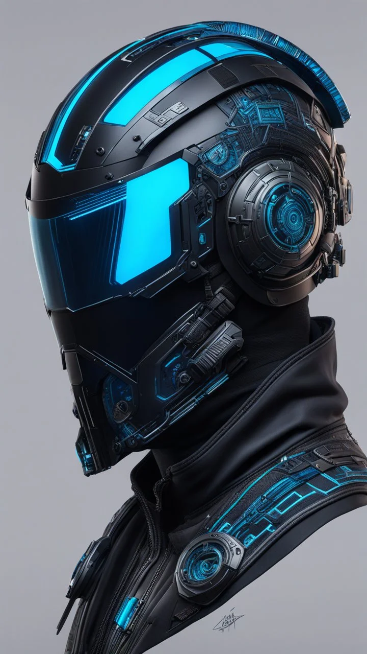 Someone wears a black glass Cyberpunk helmet , full helmet cover , Changshan, black and blue color, cyberpunk drawing style, neon, full body intricate details, highly detailed, high details, detailed portrait, masterpiece,ultra detailed, ultra quality