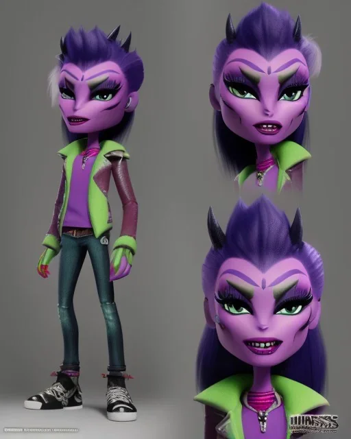 Character from Monster High, male, cannibal, body color is dark, eye color is yellow, sportswear, illustration, cartoon style