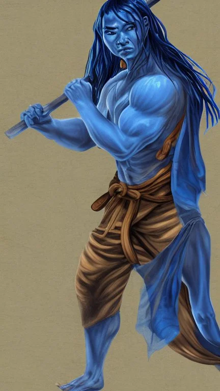 A young male water genasi with deep blue skin color, water shape dred hair on head. Shaolin monk with long stick weapon, kung fu master, martial art