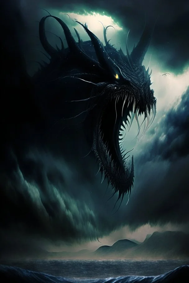 leviathan demon huge long abyssal dark seprent monster beast sky