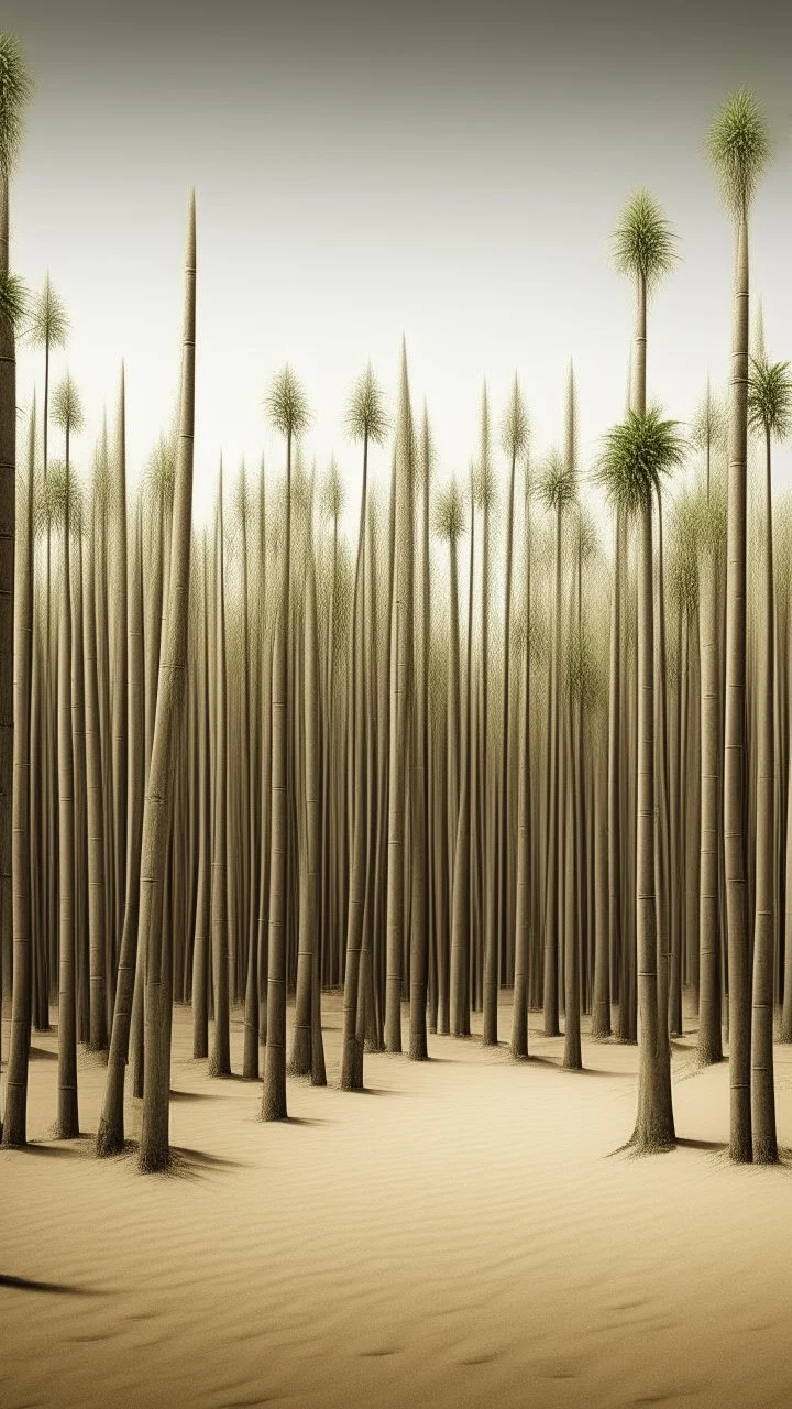 realistic photo of a tall bamboo trees in a landscape covered in sands