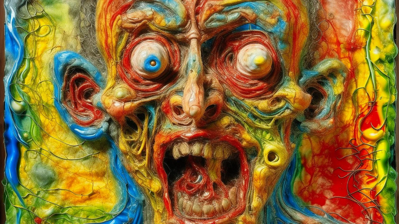 Grotesque character emerging from textured encaustic surface, deformed facial features sculpted in hot wax, exaggerated gestures frozen in the translucent medium, abstract patterns scratched away revealing intense colors, overlapping layers creating visual depth, fusion of humor and ancient technique, cartoonish surrealism style