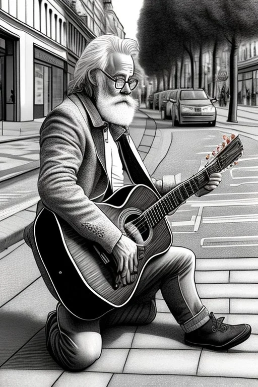 One single mature human, dog sitting beside, playing guitar in the street , Vienna, friendly, model style, hyper realistic, extremely accurate, delicate, extremely detailed, Graphic novel style, wide-angle, open aperture, superfine pencil