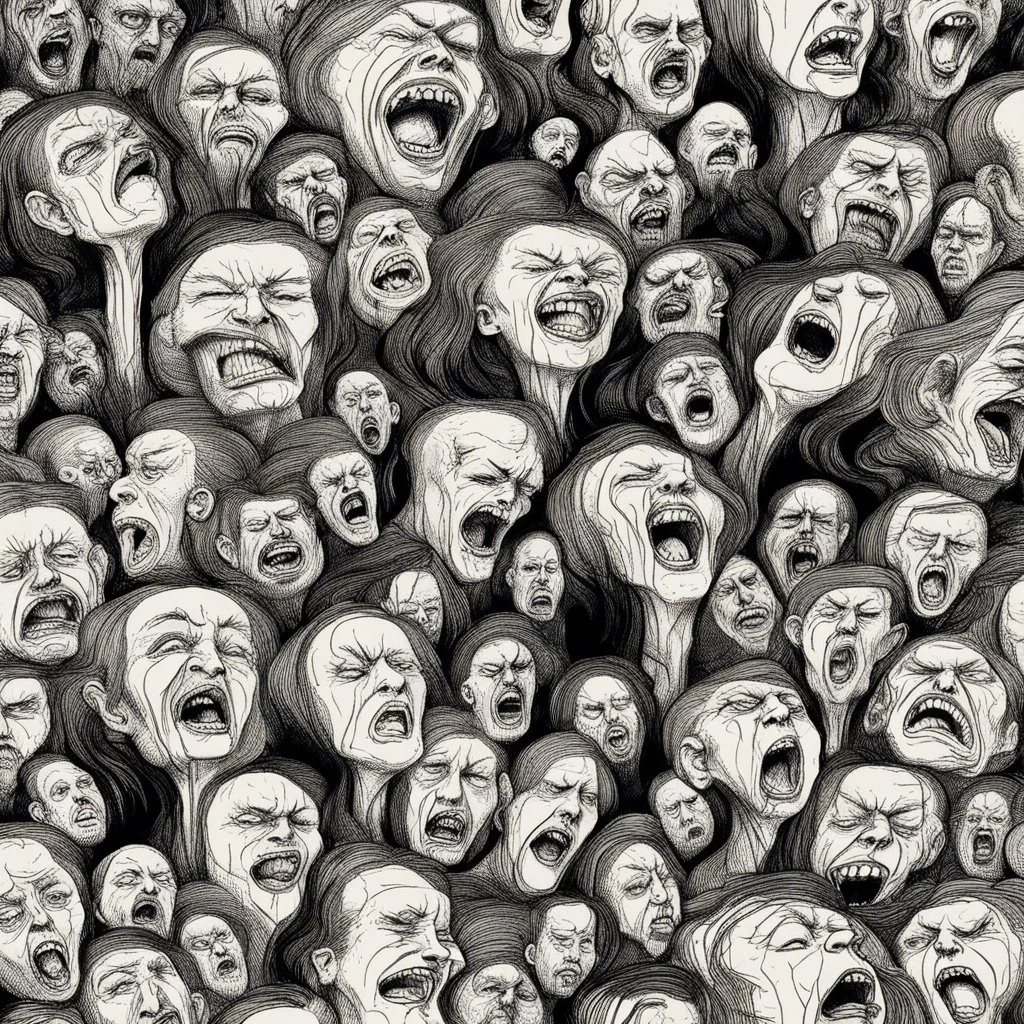 sketch line, rought, of faces on a pages, screaming and sad, demented, mad, journal