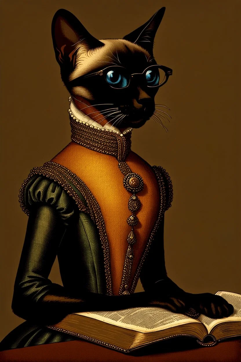 Prompt: the real awesome Siamese Cat queen in regals wearing reading glasses portrait 1600s