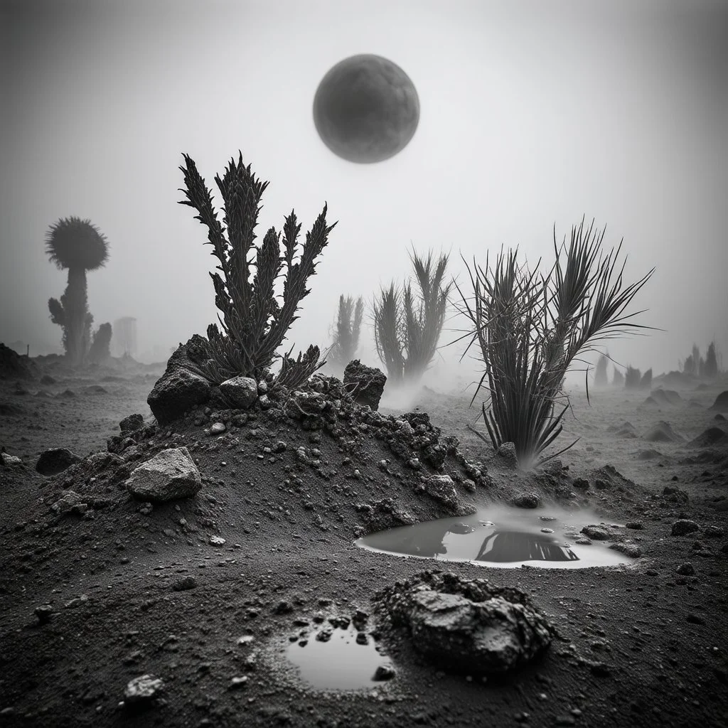 A striking quality Kodak photograph captures a wasteland with liquid and group of monstruous plants, creepy, details of the dust very accentuated, glossy organic mass, adorned with minerals and rocks. Bathed in intense light, eerie, Max Ernst style, black sun with arcs of fluids, fog, paranoic, obsessive