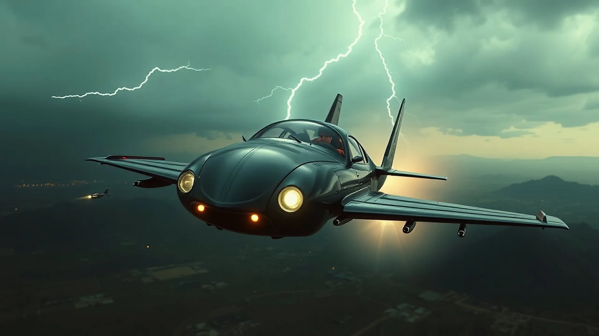 a high definition screen shot of a jet-fighter vw-beetle, retrofuturistic, phototrealism, in flight, one subject, thunderstormncc 1701 enterprise Macabre Rapture End of days Revelation scene,