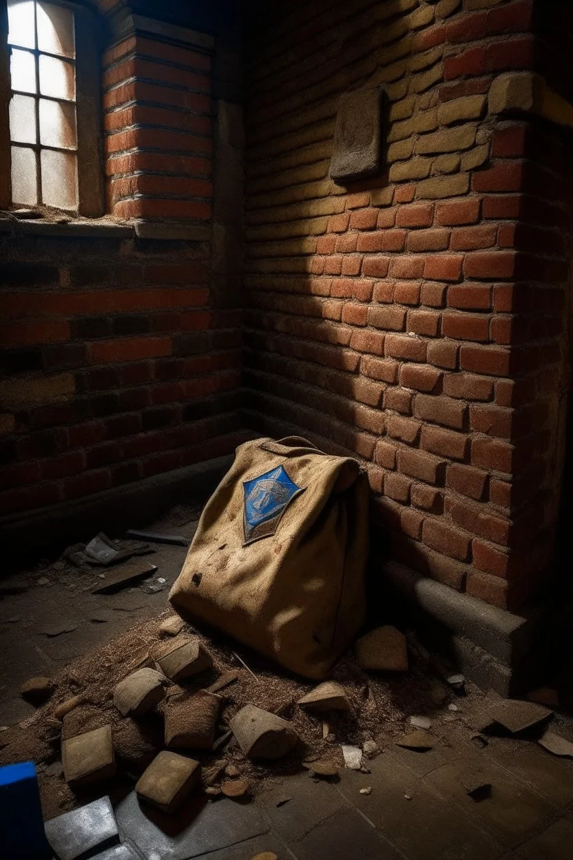 in a LARGE BASEMENT, half-buried in the earth, an ancient, worn-out, worn-out, torn-side valise peeks out, from which gold coins from the time of Catherine the Great fall out. The ancient coat of arms of Russia, the double-headed eagle, is BARELY VISIBLE on the bag. There are a lot of broken bricks and earth around the bag. All in high quality 8K