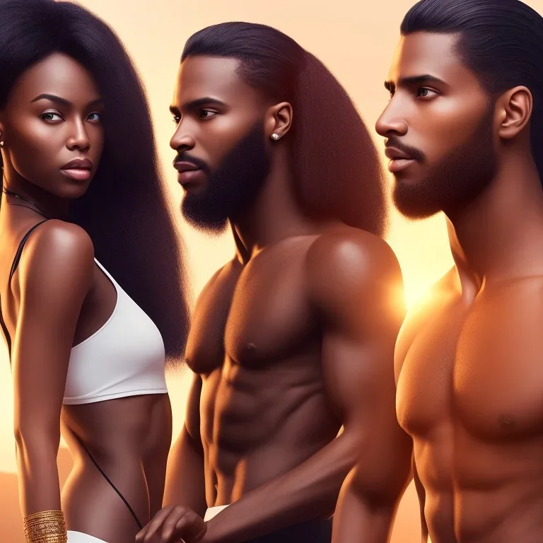 Beautiful black woman with long black hair standing next to a handsome dark haired muscular white man, fantasy, ethereal, soft lighting, realistic lighting, HD 8K