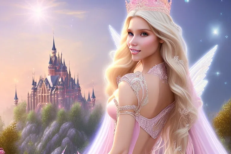 castle in background, beautiful, soft, big smiling, straight and long blonde hair, dewy and shiny atmosphere, diamond crown, long fairy wings in the back, full head, pink veil clothes