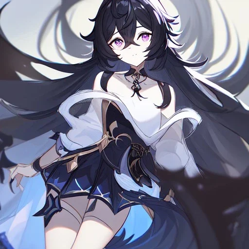 Clear focus, High resolution, rough line sketch art, long black hair, hair between eyes, fluffy hair, purple eyes, wearing a off shoulder shirt, no spaghetti strapes, dark aura, 1girl, wearing a skirt, genshin impact