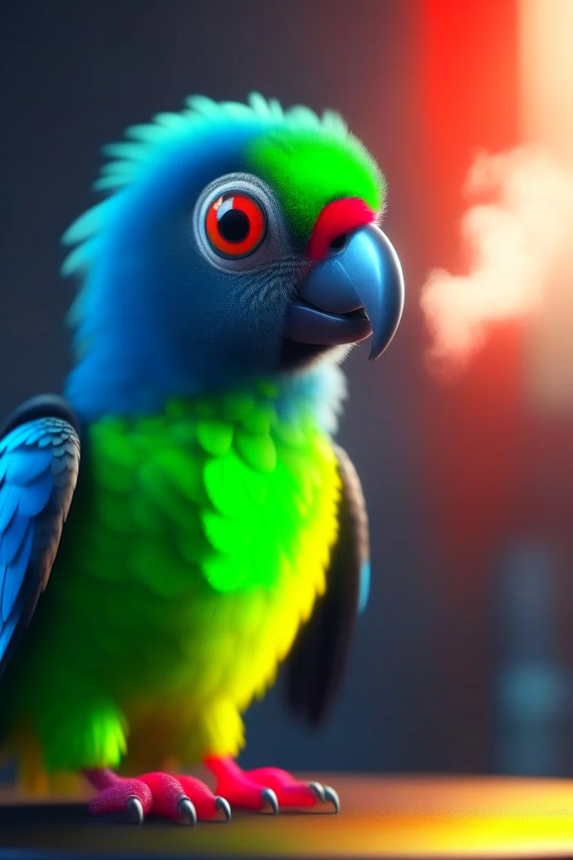 cute adorable parrot chat robot, its such a perfect day i am glad i spent it with you, motion blur, smoke, 4k, downlight, soft light, depth of field, photorealism, trending on art station