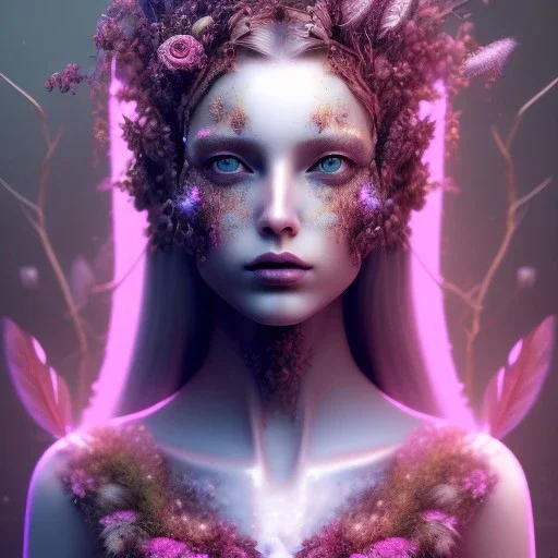 Portrait of beautiful girl, face dept of field,face shining, plant, metal, feathers,central weight average, CWA Dryad,Median filter fae, sidhe, ominous, nature, plants, wildflower sparkle,wildflower 3d view, facepaint, dnd character portrait, intricate, oil on canvas, masterpiece, expert, insanely detailed, 4k resolution, retroanime style, cute big circular reflective eyes, cinematic smooth, intricate detail , soft smooth lighting, soft pastel colors, painted Renaissance style,sharp focus