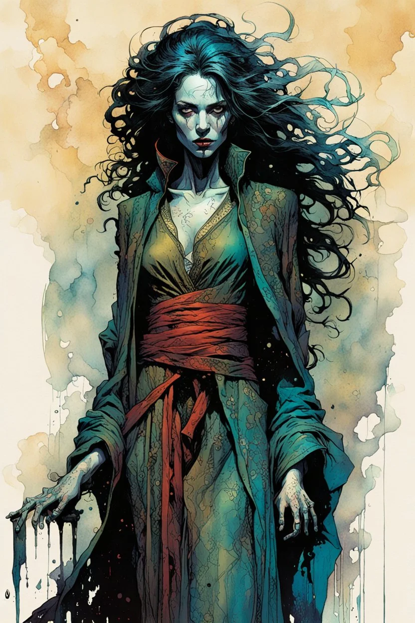 create a wildly imaginative full body portrait of an ethereal, otherworldly , gnarled and emaciated ancient antediluvian female vampire sorceress, dressed in ragged , decayed ornate robes , in the comic book art style of Bill Sienkiewicz, Mike Mignola, and Jean Giraud Moebius, with highly detailed feminine facial features , finely drawn, colored and inked,